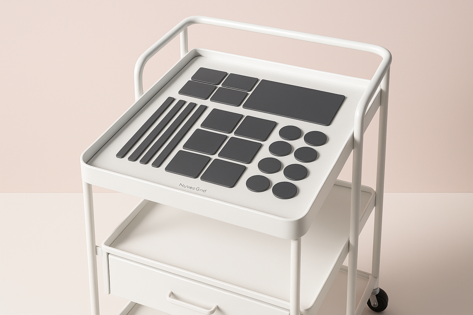 A sleek modern salon trolley with NuveoGrid magnetic tiles neatly arranged, bright white lighting, soft pastel background, high-resolution product close-up, minimalist style, premium commercial photography.
