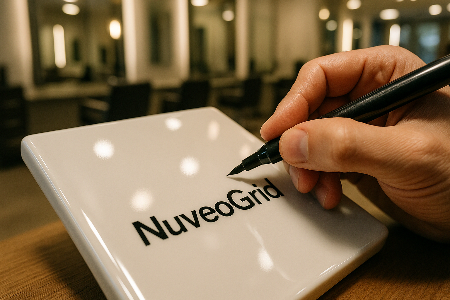 Hand using a fine-tip marker to write on a glossy white NuveoGrid tile, shallow depth of field, salon background blurred.