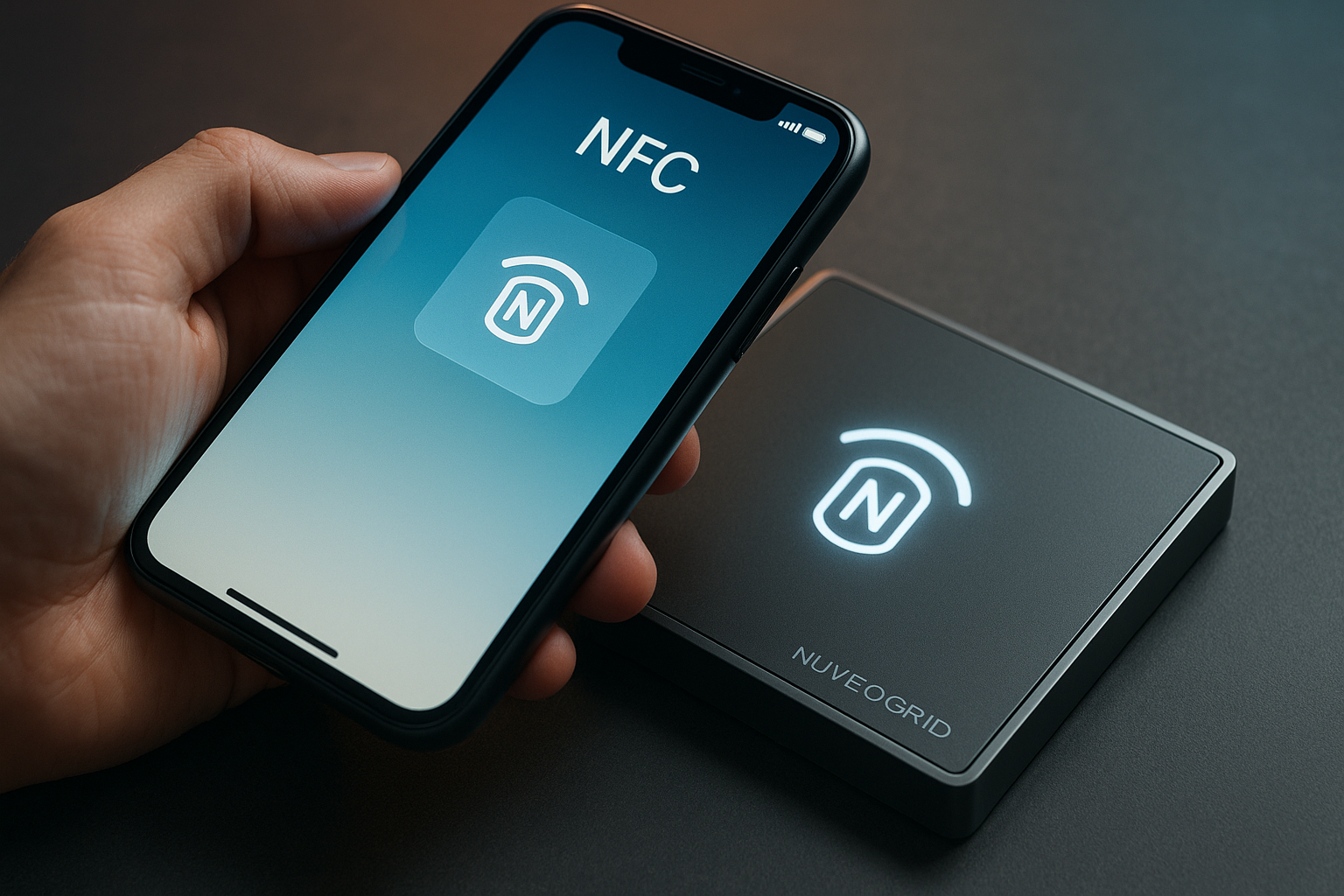 Phone tapping a NuveoGrid tile with NFC icon visible, phone screen glowing, close-up.